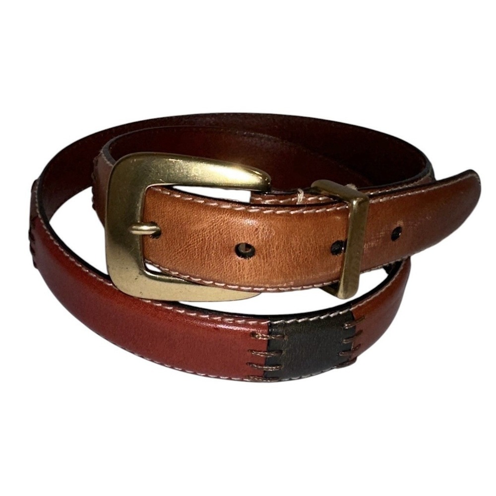 Fossil Belt Stitchwork Patch Work Brown Leather Sz M Boho Festival Western